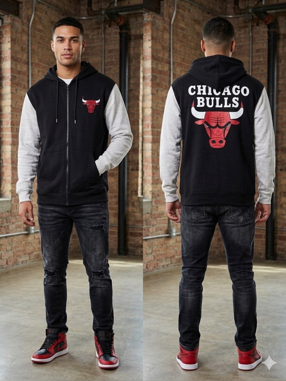 Black and White Hoodie Knit Jacket with Red Chicago Bull’s Logo